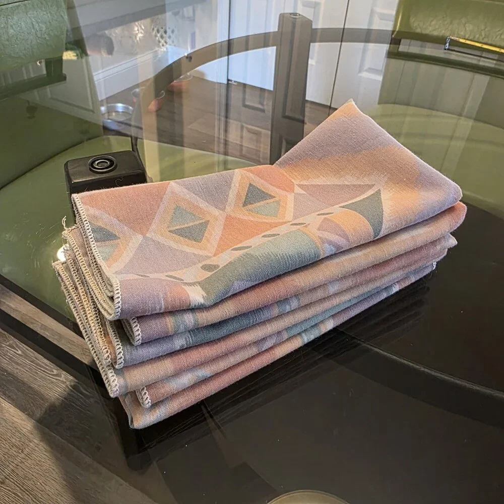 VTG Tribal Ikat Style Fabric Napkins Set Of 6 Peach‎ & Pastel Colors 14.5